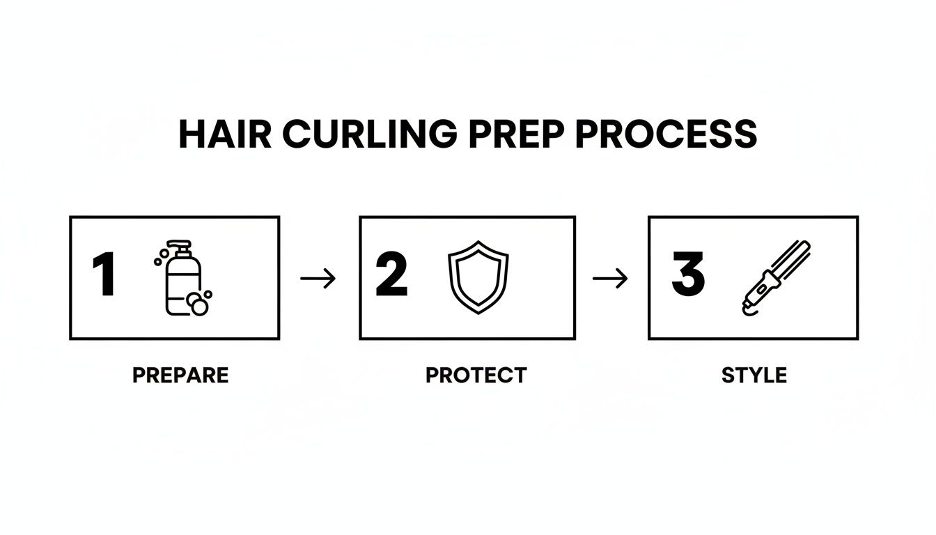 A three-step hair curling prep process: prepare with shampoo, protect with a shield, and style with a curling iron.