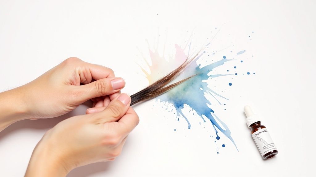 Hands applying hair treatment serum with artistic watercolor splash and dropper bottle