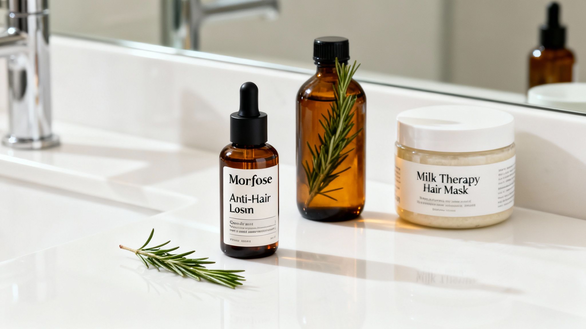 Various hair care products including rosemary oil, anti-hair loss serum, and a hair mask on a white counter.