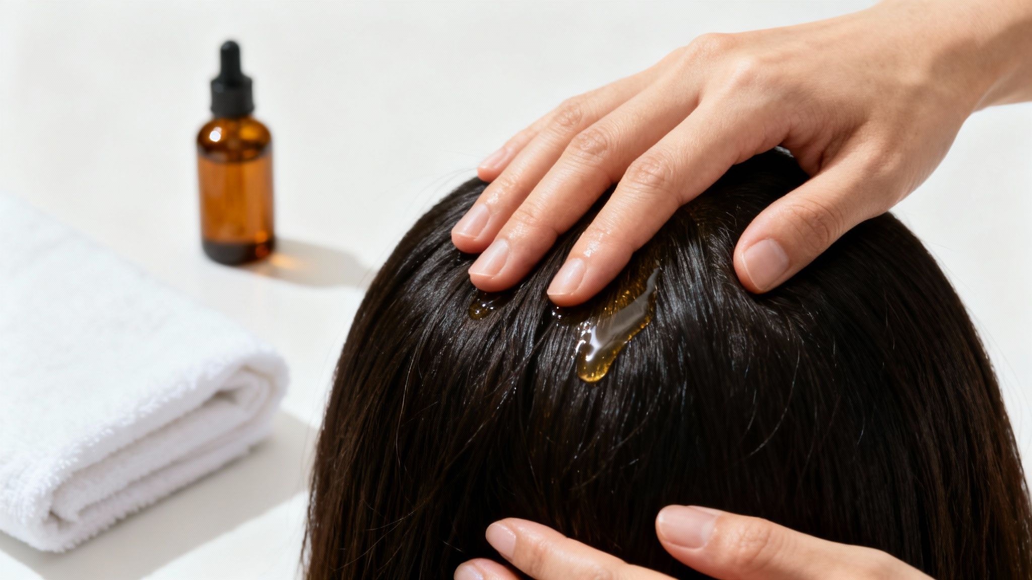 A person's hands gently apply hair oil to dark hair, with a bottle and towel nearby.