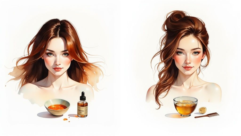 Two watercolor illustrations of a woman with beautiful brown hair, showing natural hair care remedies with oils and liquids.