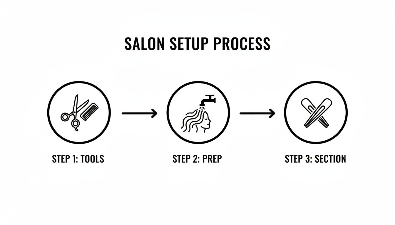 A visual guide showing a three-step salon setup process with icons for tools, prep, and sectioning.