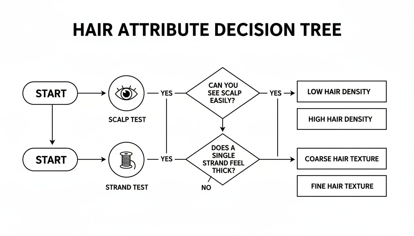 Flowchart illustrating a hair attribute decision tree to identify hair density and texture using scalp and strand tests.