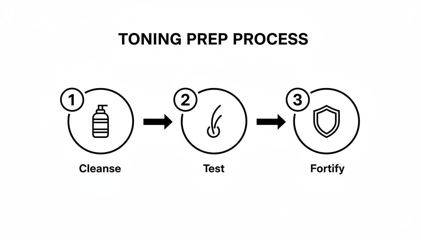 An infographic illustrating the three-step toning prep process: Cleanse, Test, and Fortify, using icons.