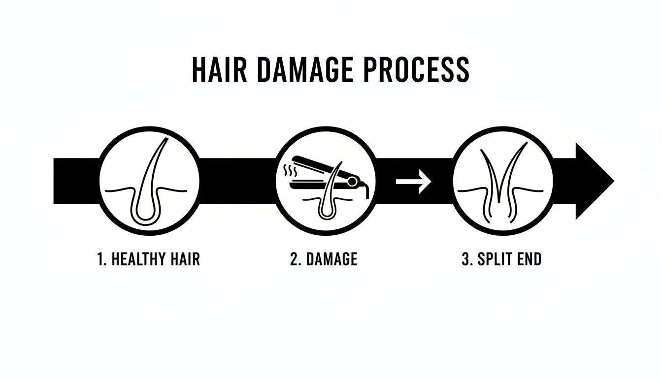 A diagram illustrating the hair damage process from healthy hair to damage caused by heat, resulting in split ends.