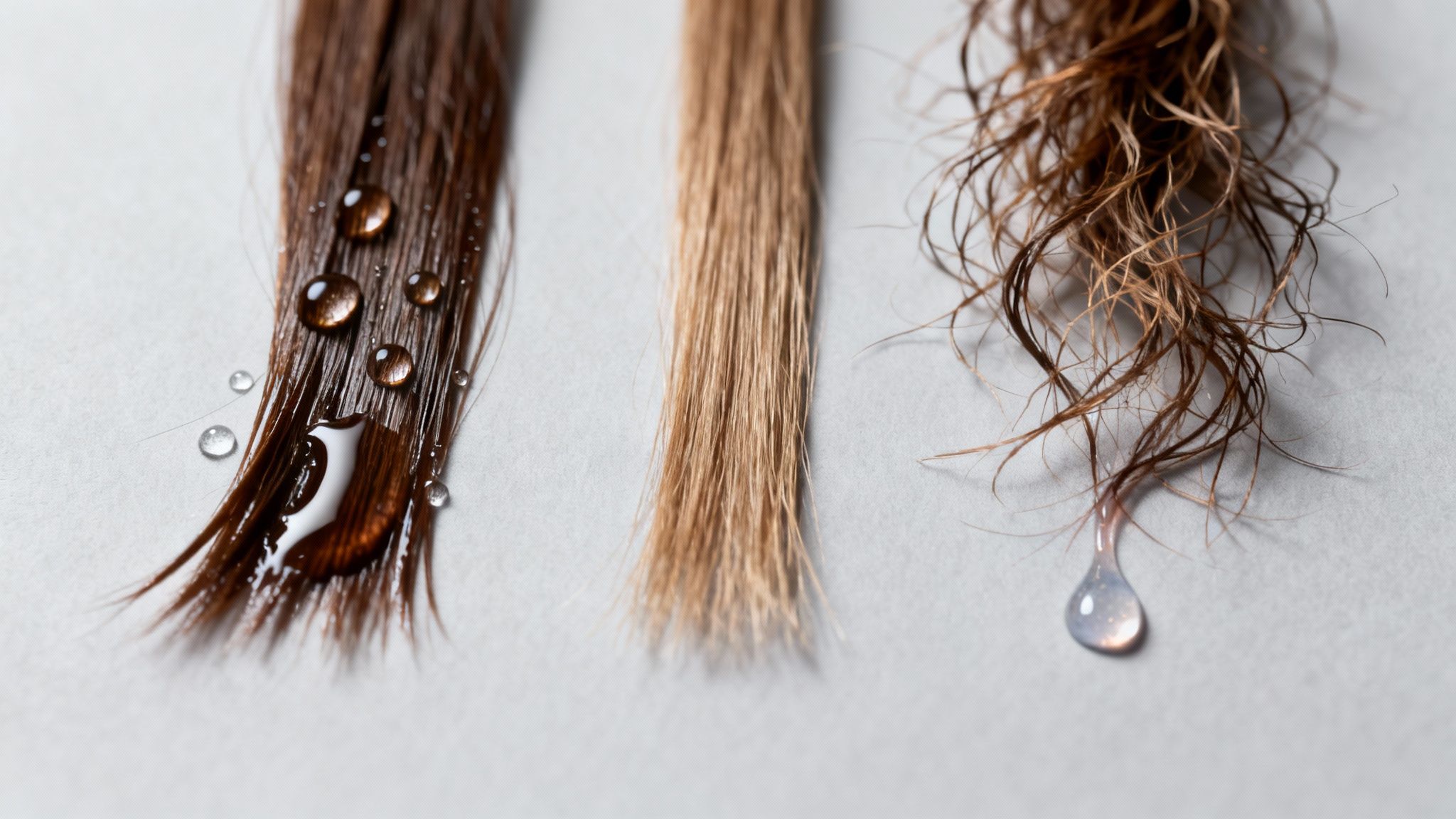 Three hair strands showing different conditions: sleek wet dark, dry blonde, and damaged frizzy brown with a product drop.