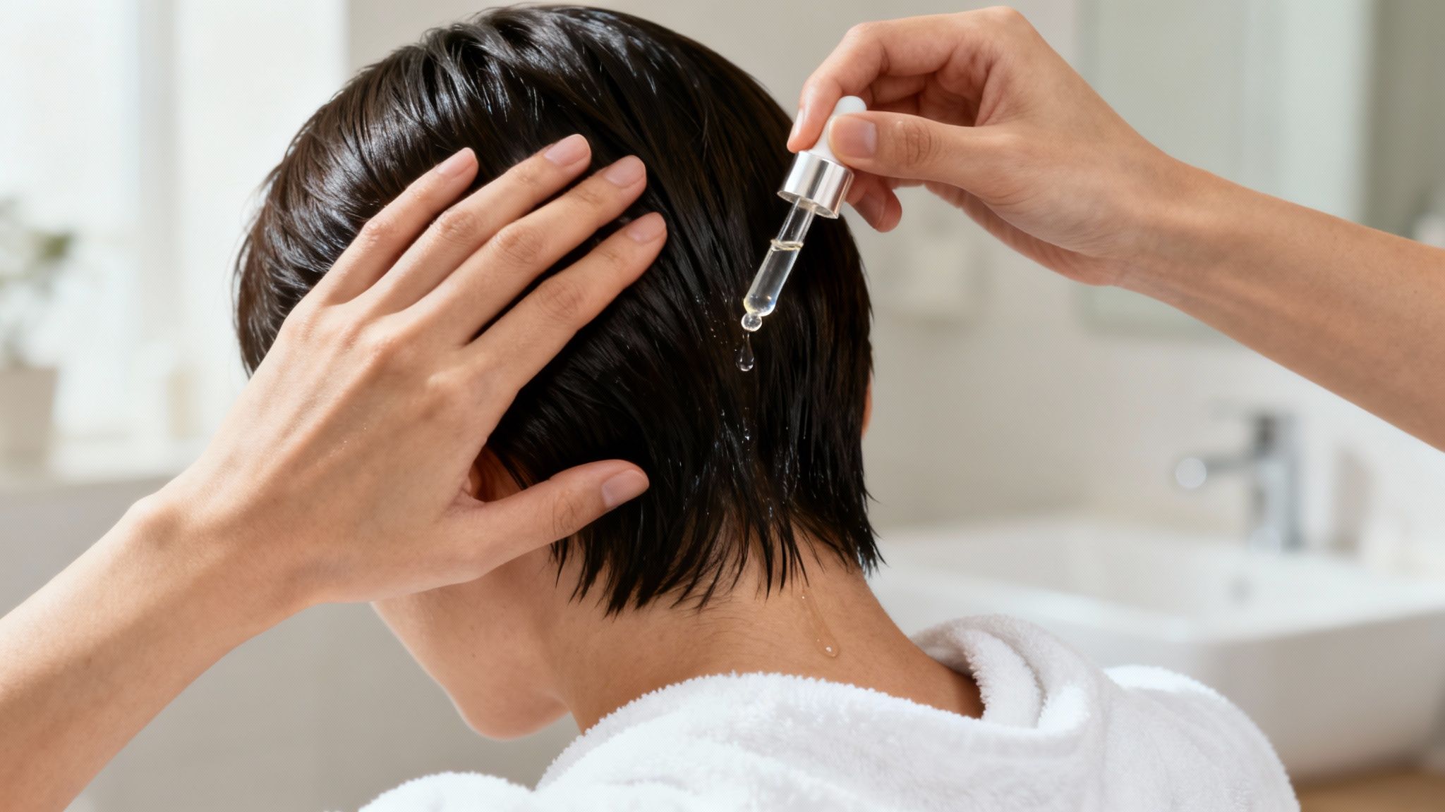 A person applying a hair serum with a dropper to their wet hair and scalp.