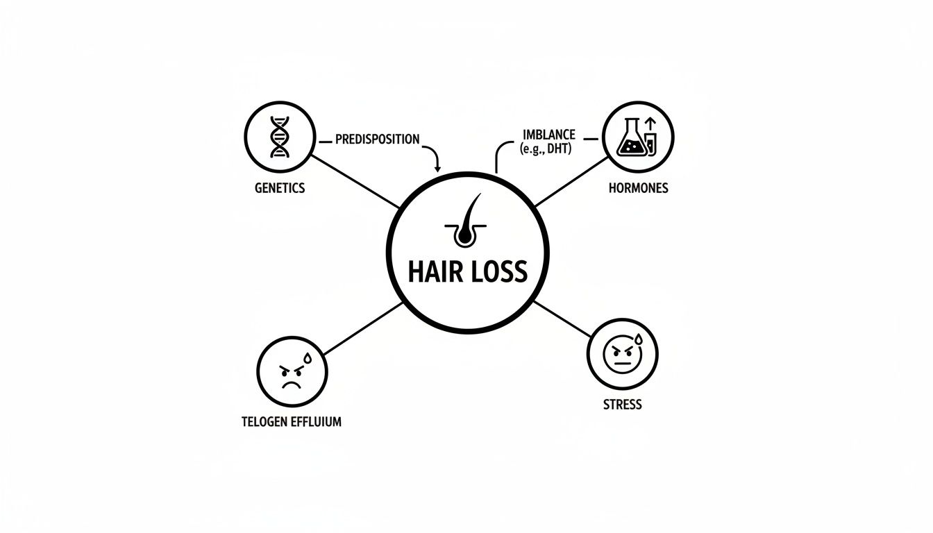 Diagram illustrating the main causes of hair loss, including genetics, hormones, telogen effluvium, and stress.