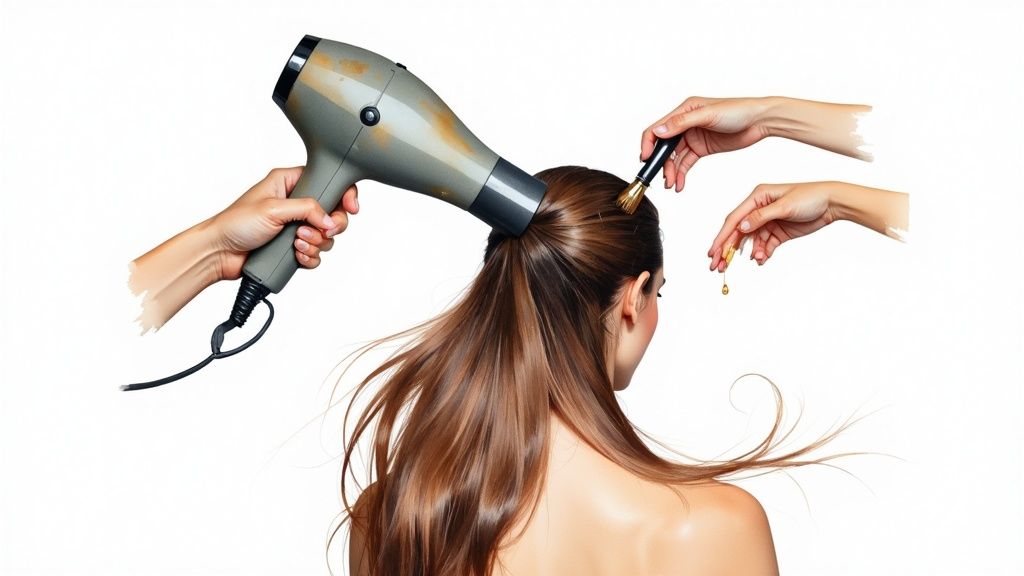 Hands styling long, shiny brown hair with a hairdryer, brush, and hair oil.