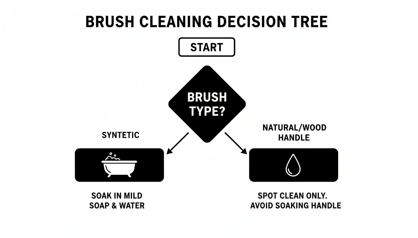A brush cleaning decision tree flowchart guiding users on how to clean synthetic or natural brushes.
