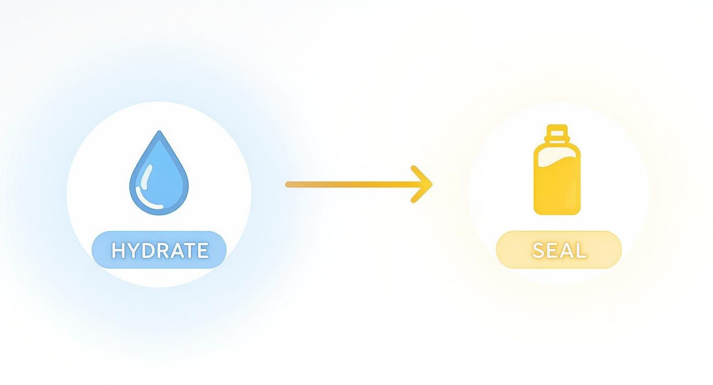 Hair care routine showing hydrate step with water droplet and seal step with oil bottle illustration