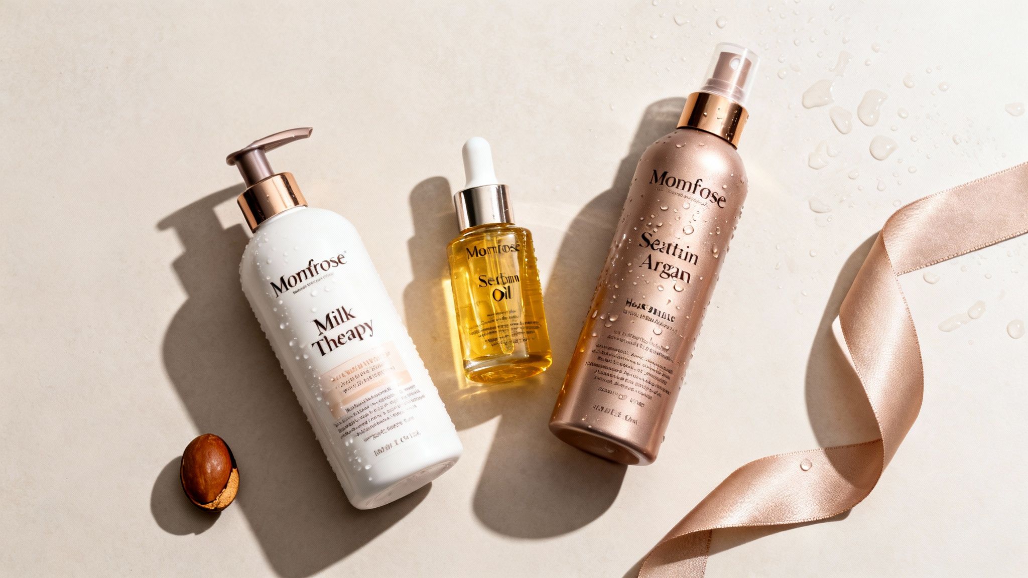 Three Momfose hair care products: Milk Therapy, Seltinn Oil, Sealtin Argan Hair Mist, with an argan nut and ribbon.