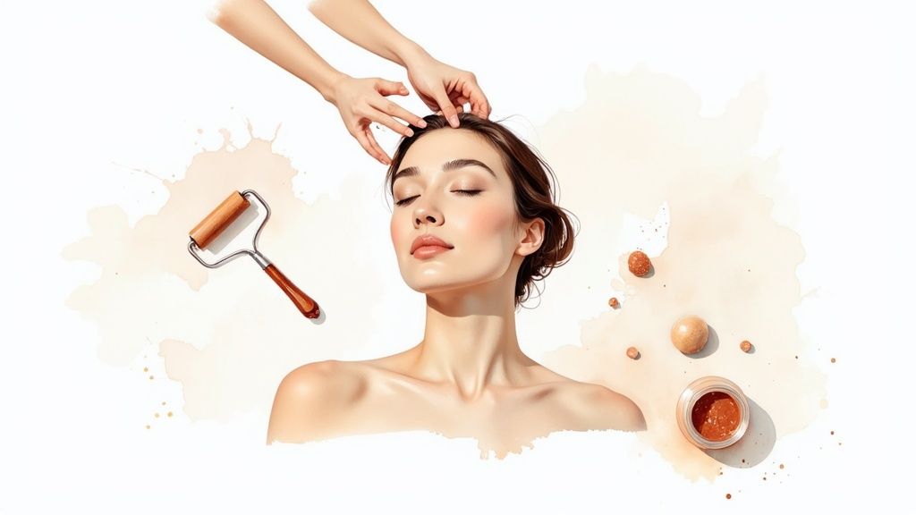 Relaxed woman receiving a head massage surrounded by beauty tools and skincare products.