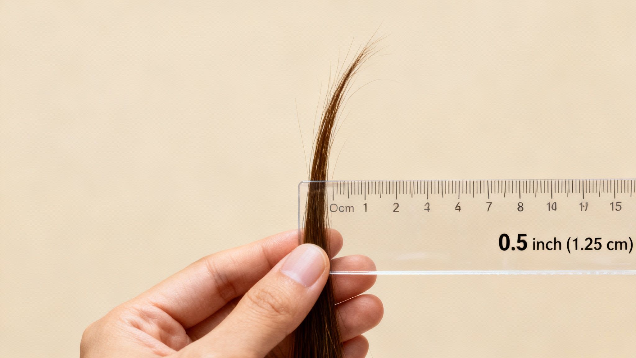 Close-up of a hand measuring a strand of brown hair against a ruler, indicating hair growth.