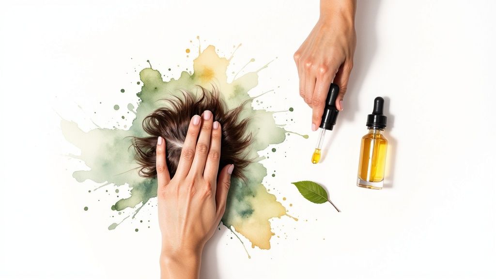 Hands applying natural hair oil with a dropper to brown hair, surrounded by green and yellow watercolor.
