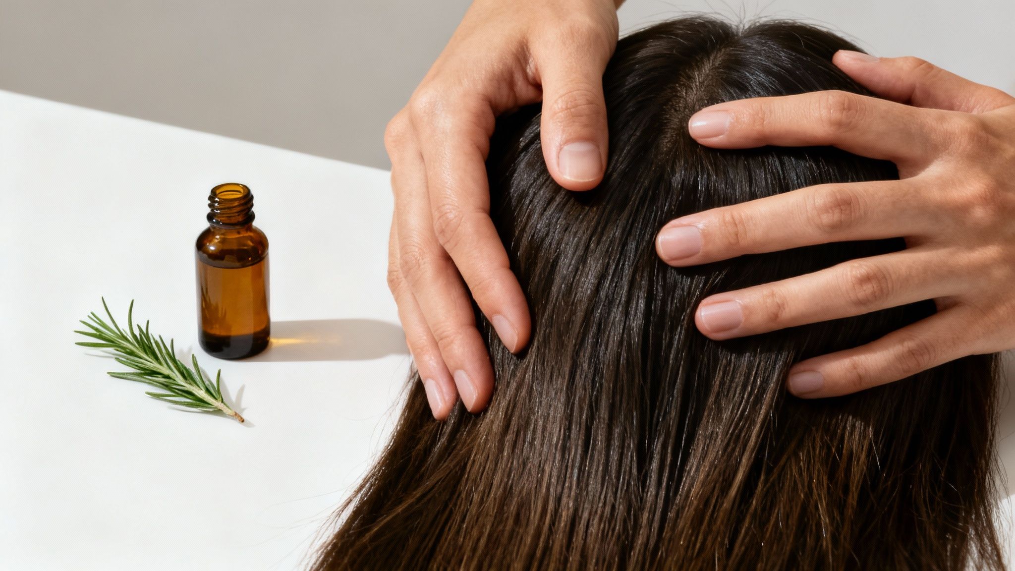 Hands massaging dark hair and scalp with rosemary oil for natural hair growth.