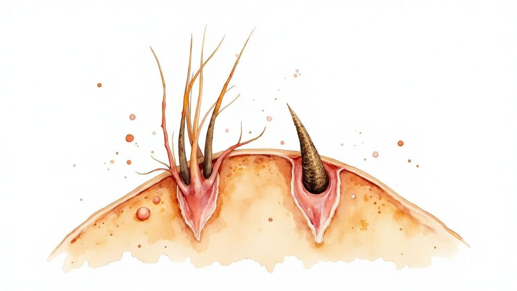 Detailed watercolor cross-section of skin illustrating hair follicles, one with multiple thin hairs, another with a single thick hair.