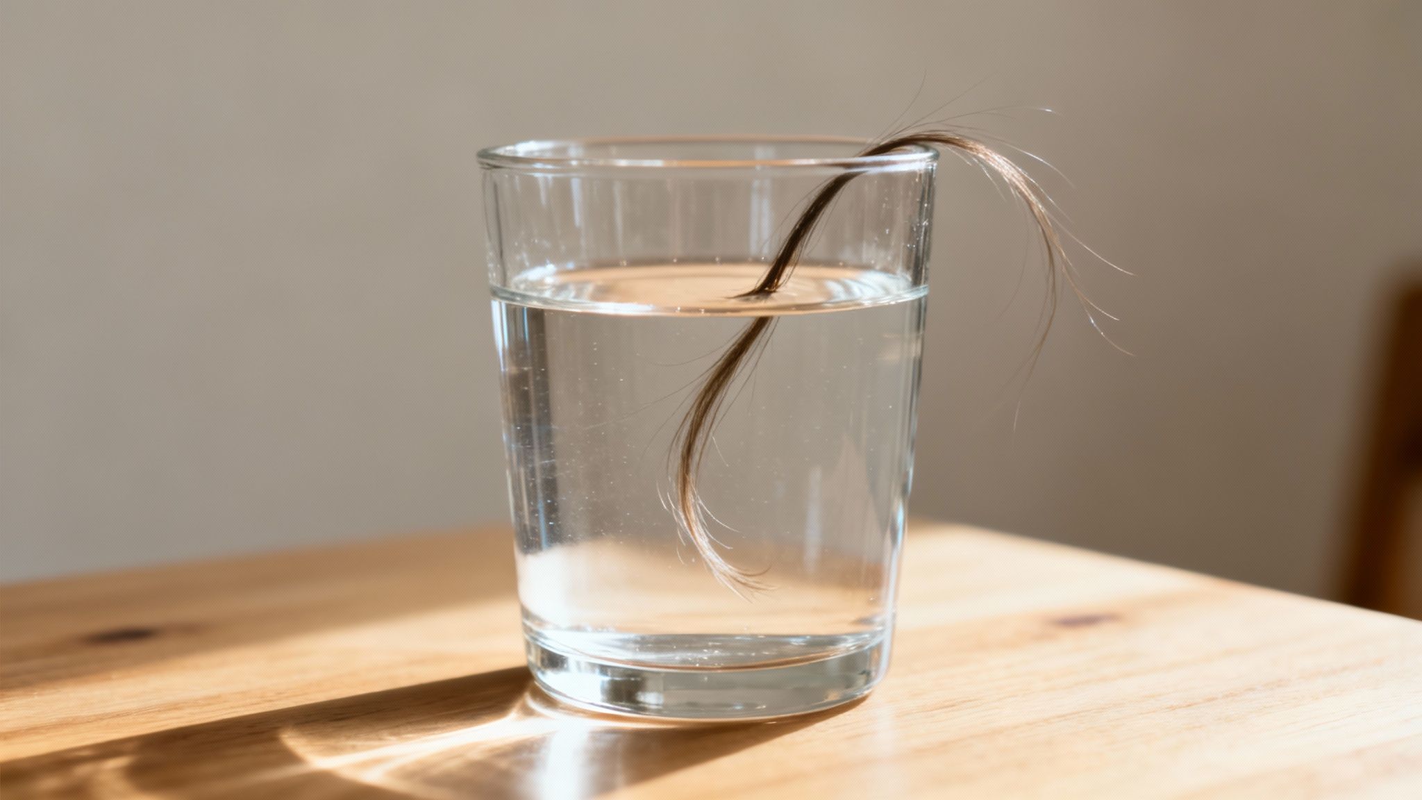 A brown hair strand is partially submerged in a clear glass of water on a wooden table.