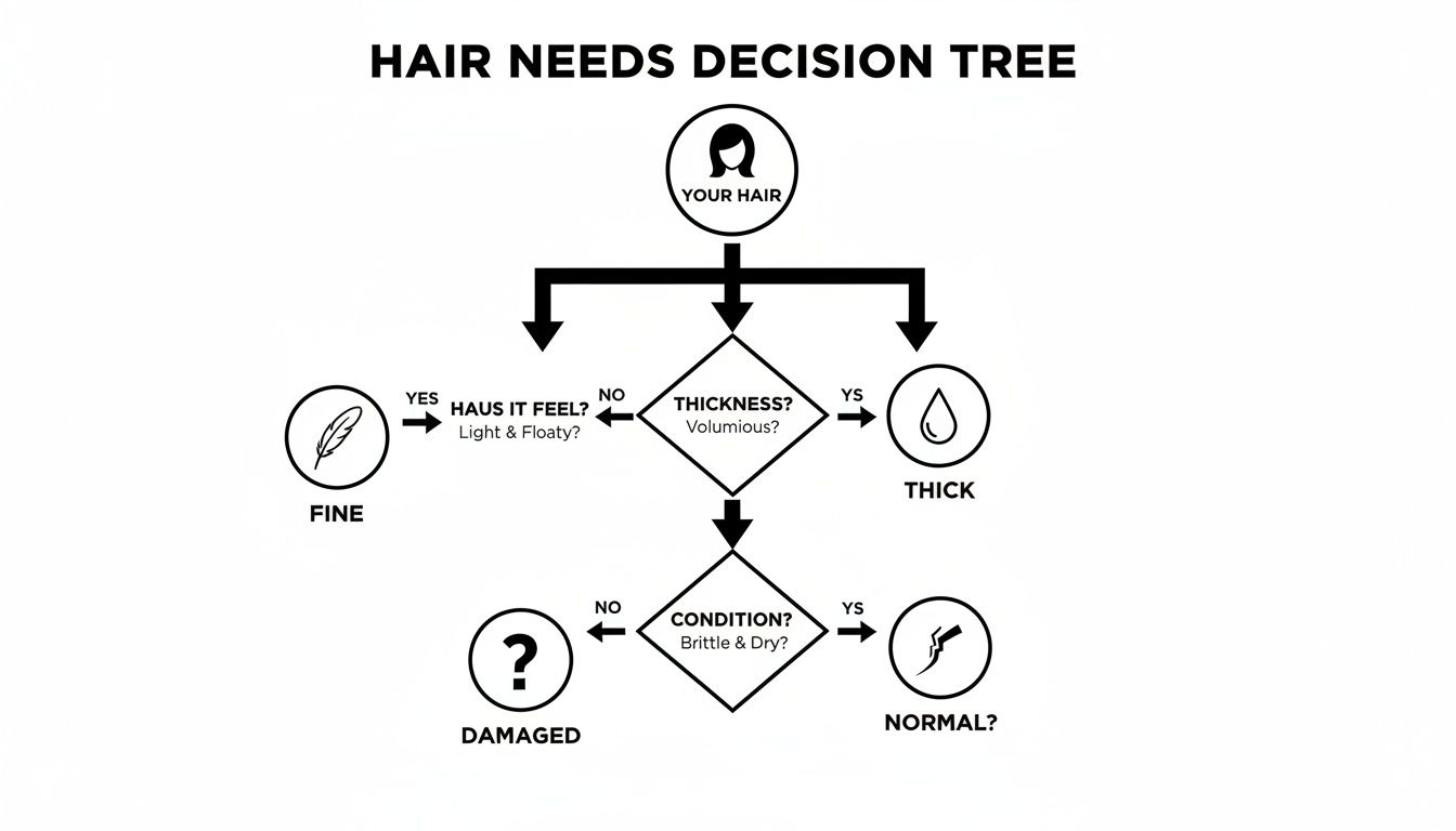 A hair needs decision tree flowchart helping users determine their hair type based on thickness and condition.