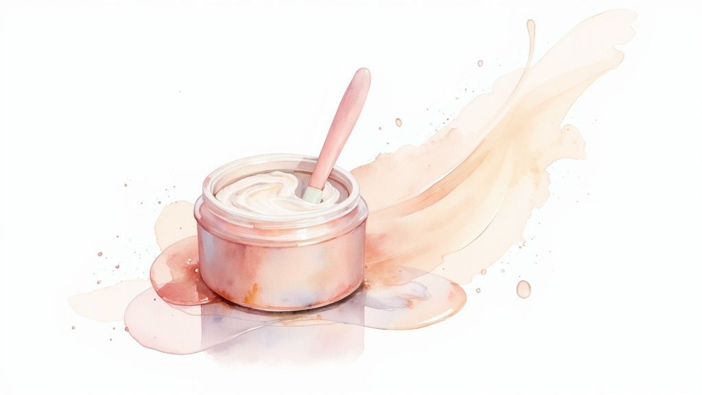 Watercolor illustration of a jar of skincare cream with a pink spatula and soft peach splashes.