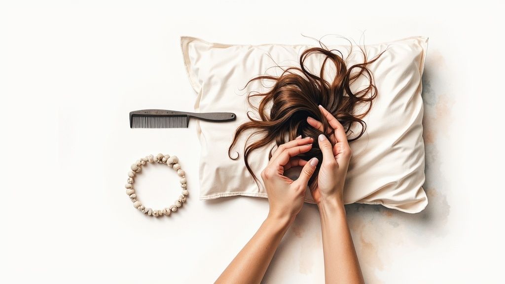 Flat lay of hands touching healthy brown hair on a silk pillow, next to a comb and bracelet.