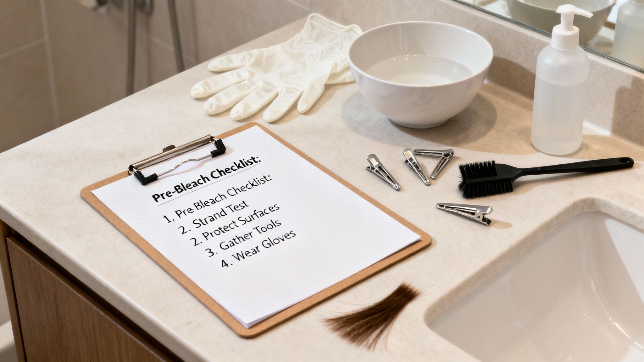 A close-up of a counter with a "Pre-Bleach Checklist" clipboard, hair tools, gloves, and a hair sample for home hair bleaching.