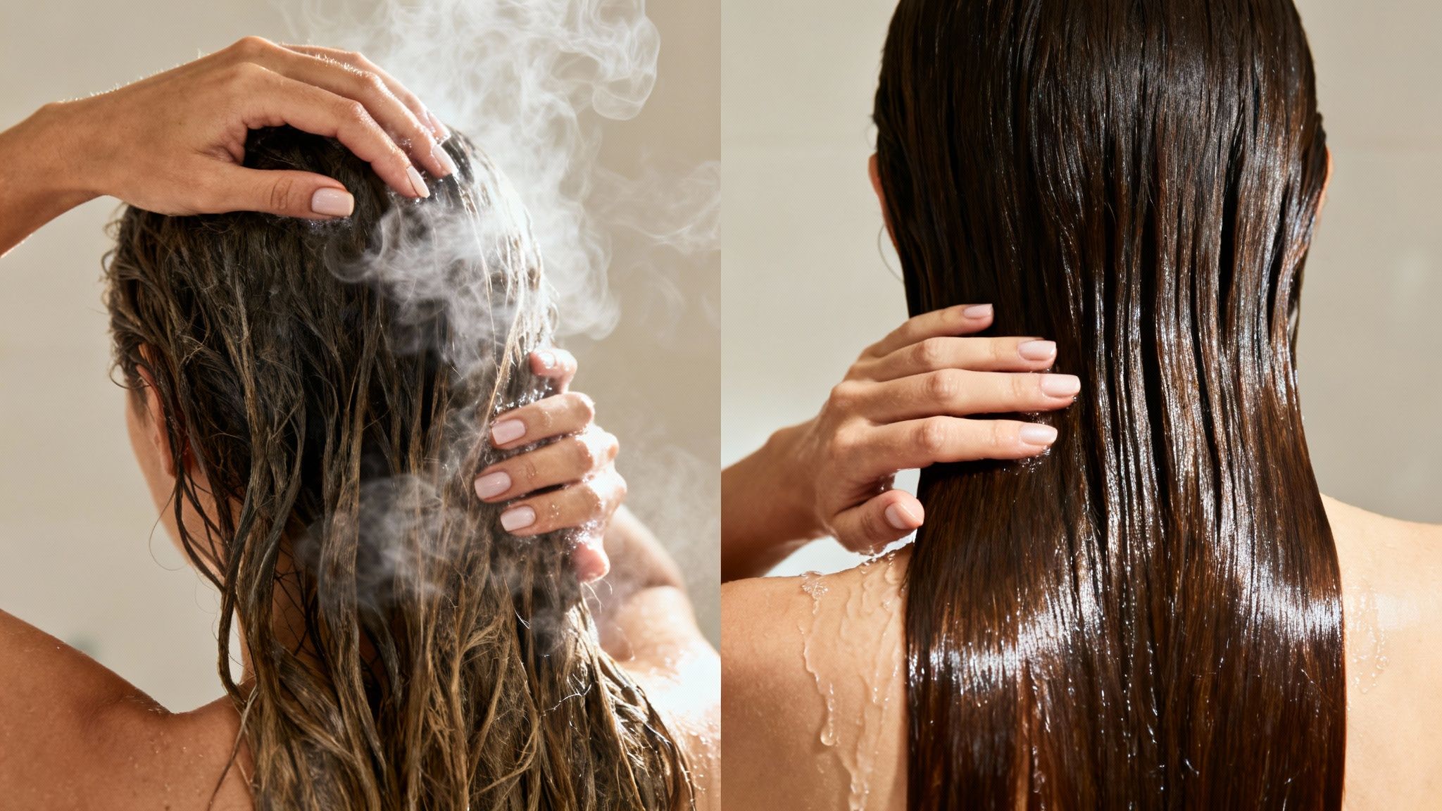 Split image of a person washing hair, showing steamy rinsing and smooth, wet results.