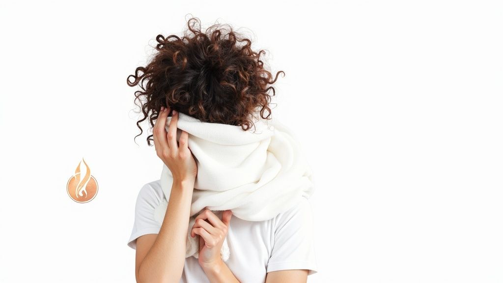 A woman with beautiful curly hair standing in front of a a diverse climate background.