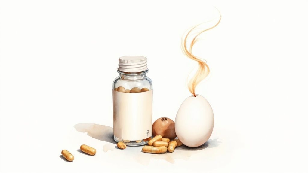 A watercolor still life with a bottle of golden capsules, loose pills, and an egg emitting a wispy flame.