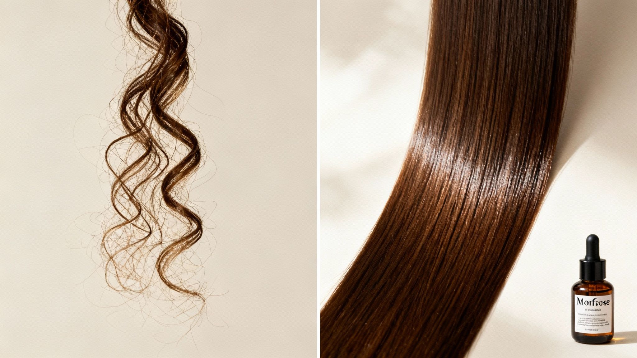 Before and after image: frizzy curly brown hair on the left, transformed into sleek straight shiny hair on the right, with a Montrose product bottle.