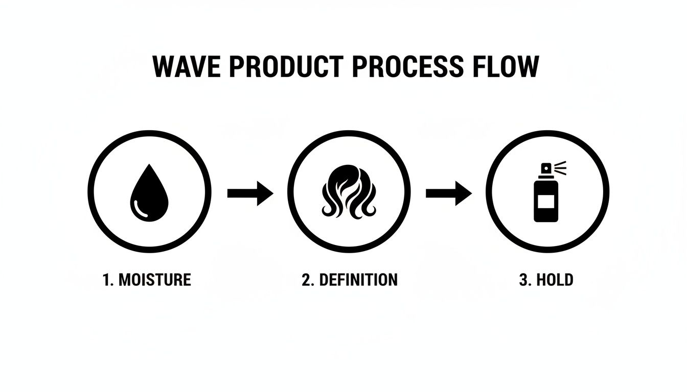 Infographic detailing the three steps of wavy hair product application: moisture, definition, and hold.