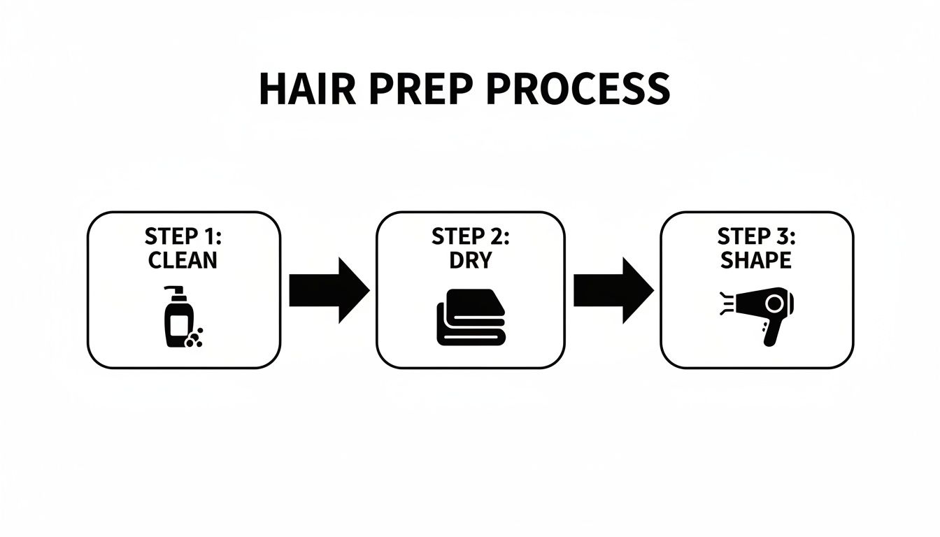 A three-step hair preparation process: Step 1 Clean (shampoo), Step 2 Dry (towels), Step 3 Shape (hairdryer).