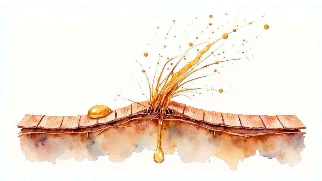 Watercolor illustration showing keratin splashing through damaged hair cuticle layers and repairing hair structure