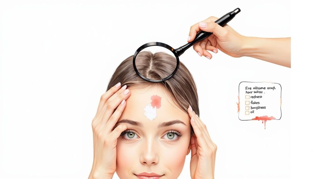 A woman examines her scalp with a magnifying glass, revealing red and white patches, next to a symptom checklist.