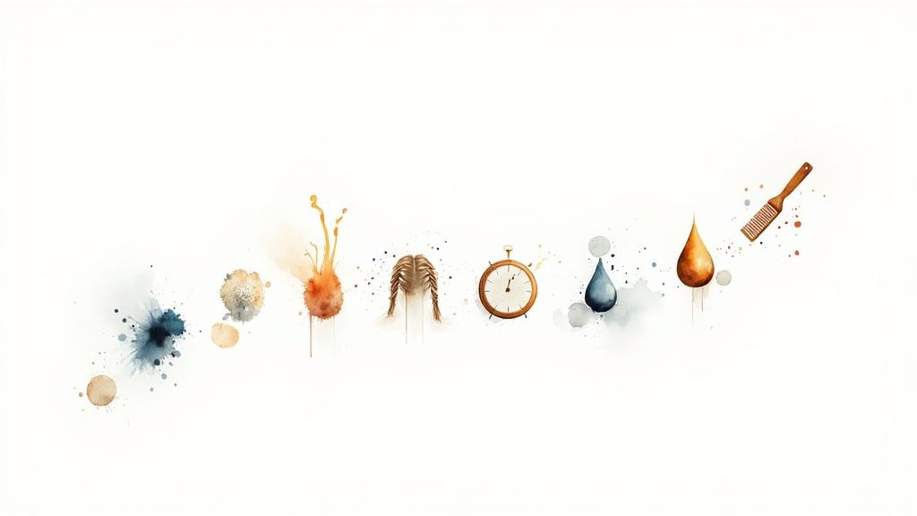 Watercolor illustration showing keratin hair treatment process with natural elements and styling tools