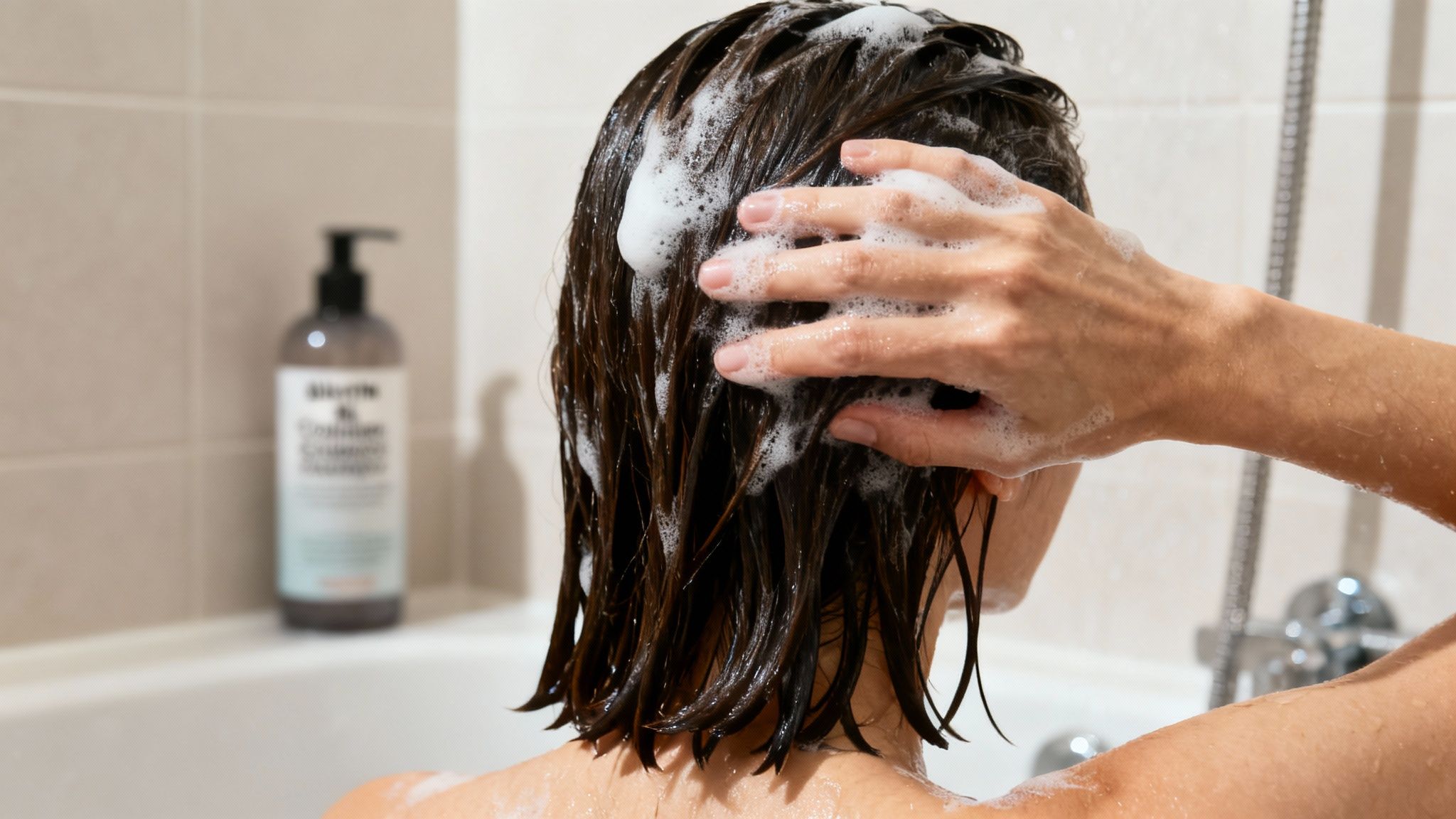 A person's hands lathering shampoo into their dark hair while showering, with a bottle in the background.