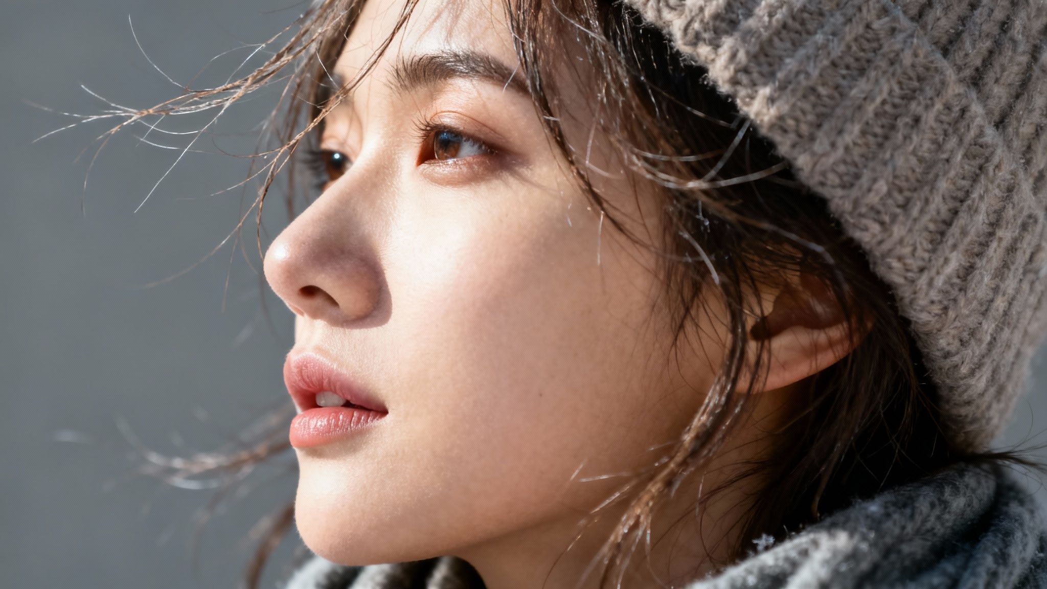 Side profile of a young woman with wispy, static hair and a beanie in winter.