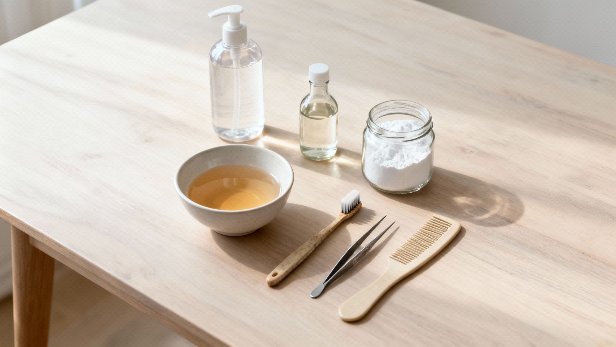 A collection of natural cleaning supplies on a light wooden table, including liquids, powder, and tools.