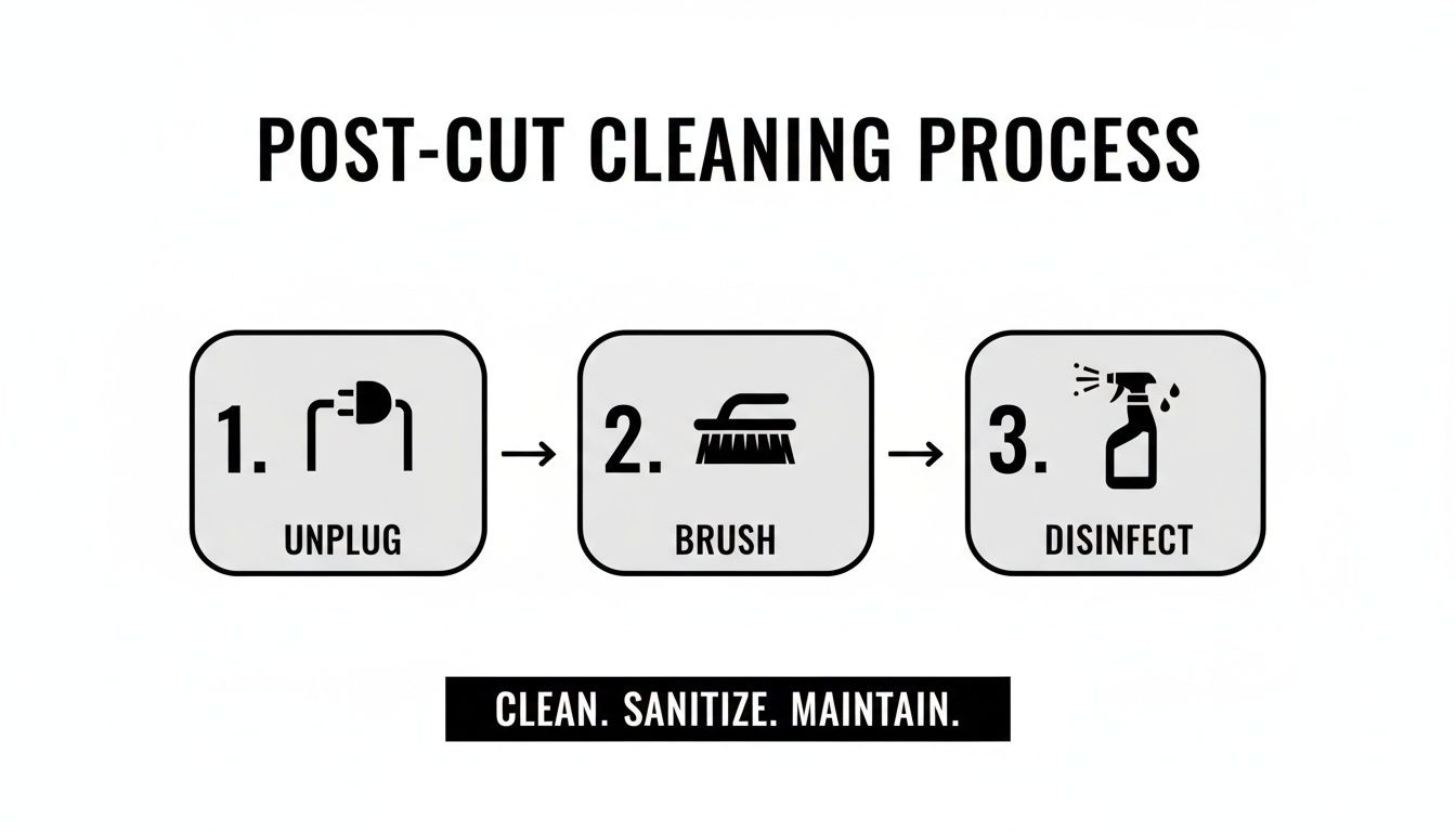 Diagram illustrating a three-step post-cut cleaning process: unplug, brush, and disinfect tools.