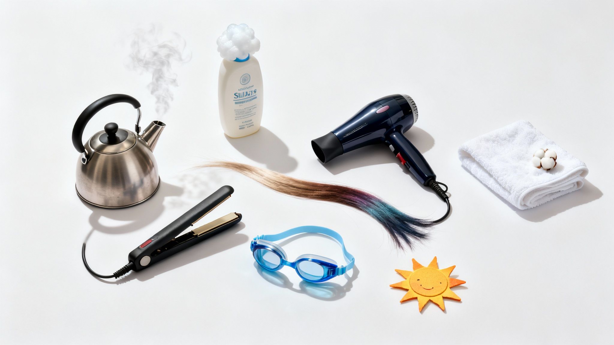 A flat lay displays items like a steaming kettle, shampoo, hairdryer, flat iron, multi-colored hair, goggles, towel, and a sun decoration on a white background.