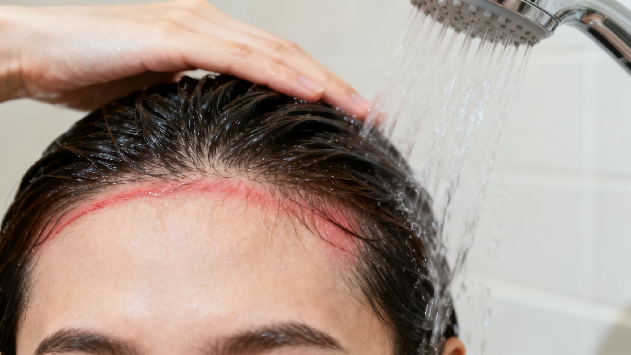 A close-up of a person's wet hair and forehead with a red, irritated line near the hairline, under a shower.