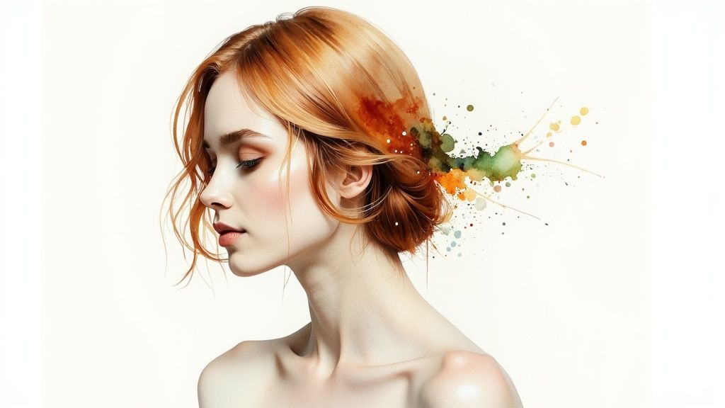 Woman with elegant red hair updo featuring artistic watercolor paint splatter effect