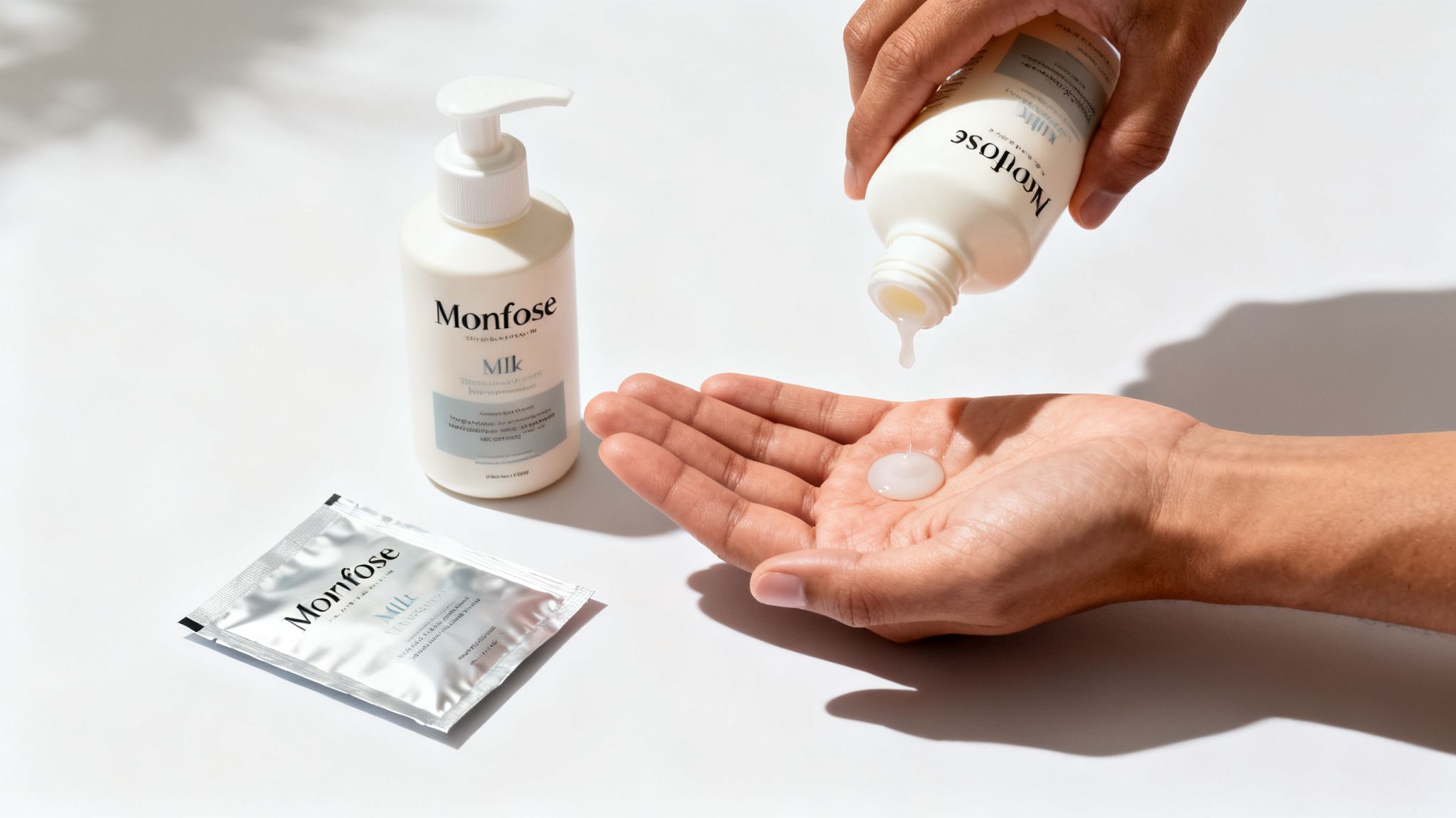 A person pours Monfose milk lotion into their palm, with a pump bottle and sachet nearby.