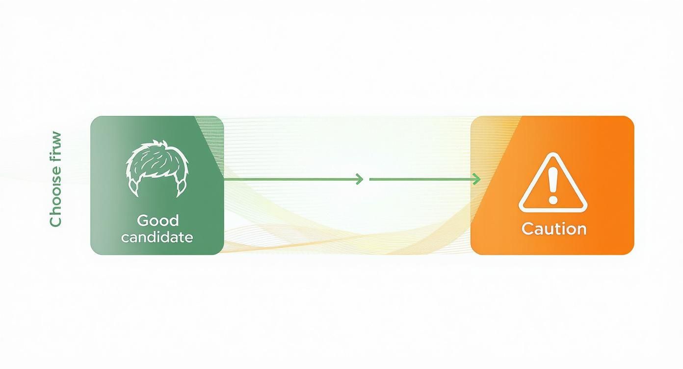 Flowchart showing hiring decision process from good candidate choice leading to caution warning sign