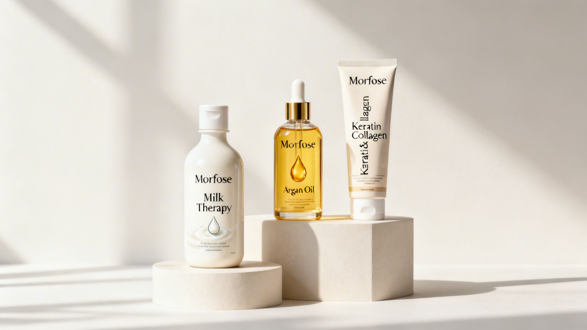 Three Morfose hair care products: Milk Therapy, Argan Oil, and Keratin & Collagen on pedestals.