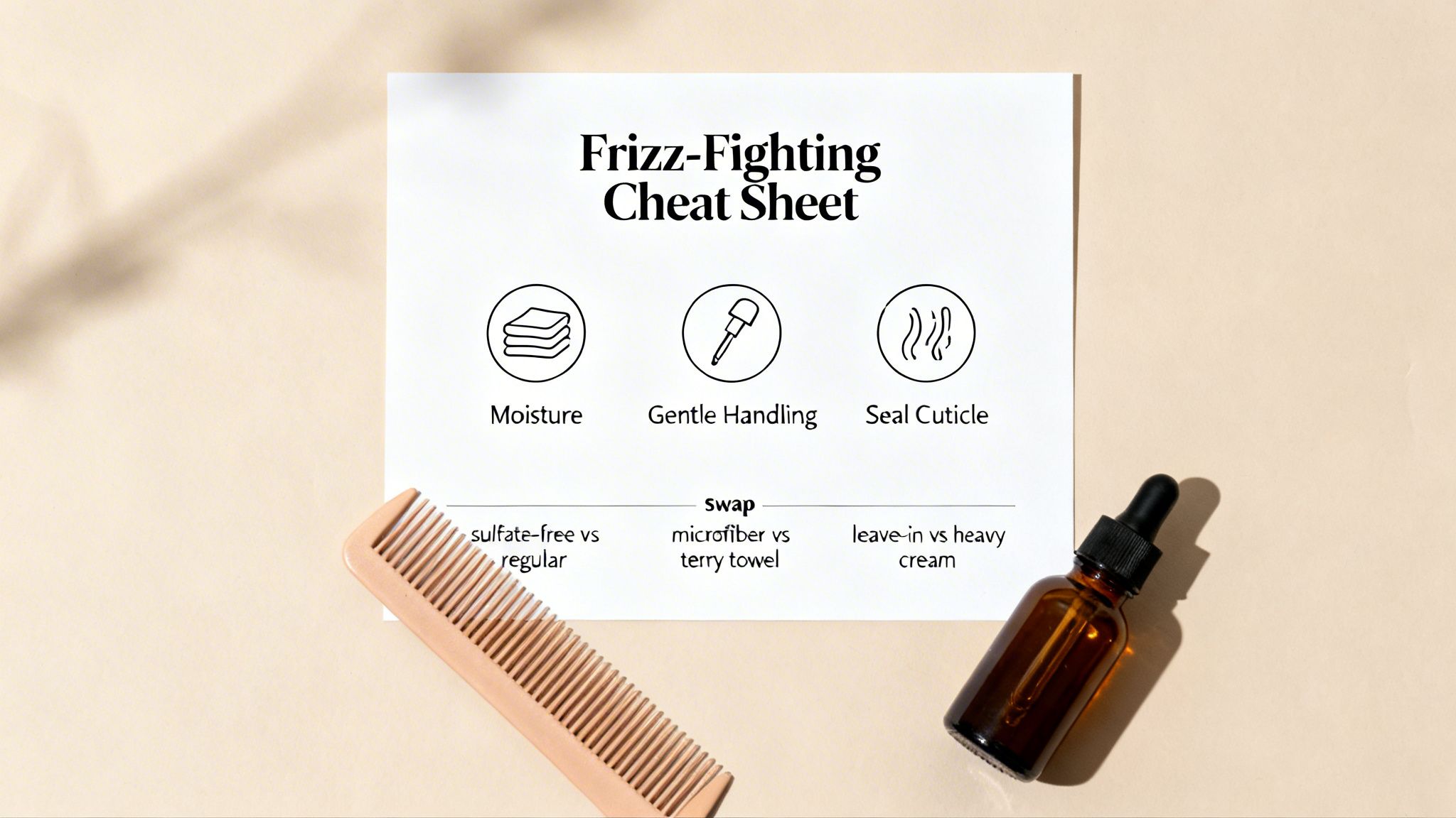 A frizz-fighting cheat sheet with tips on moisture, gentle handling, sealing cuticles, and product swaps.