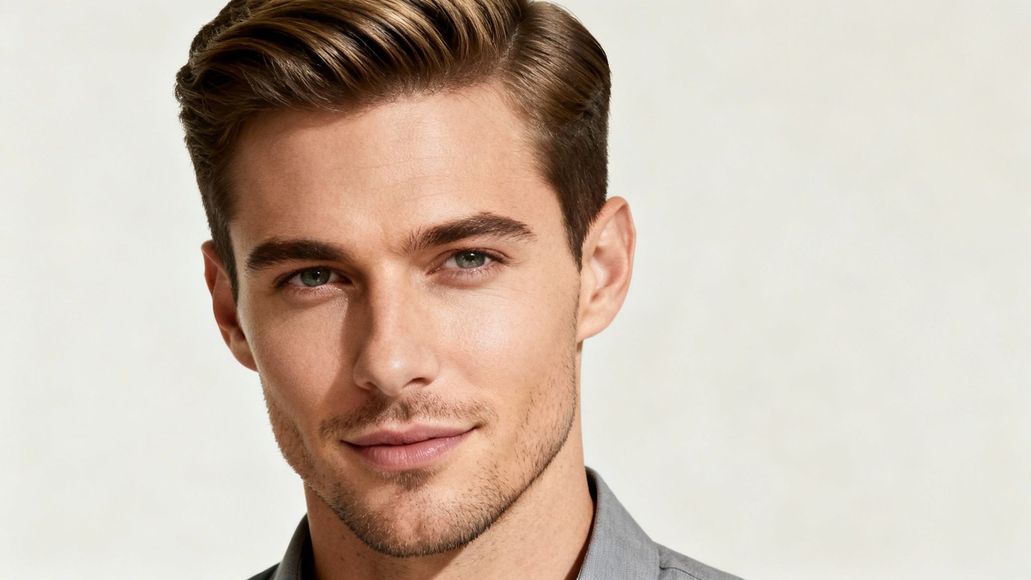 Close-up of a handsome man with stylish short brown hair, green eyes, and stubble.
