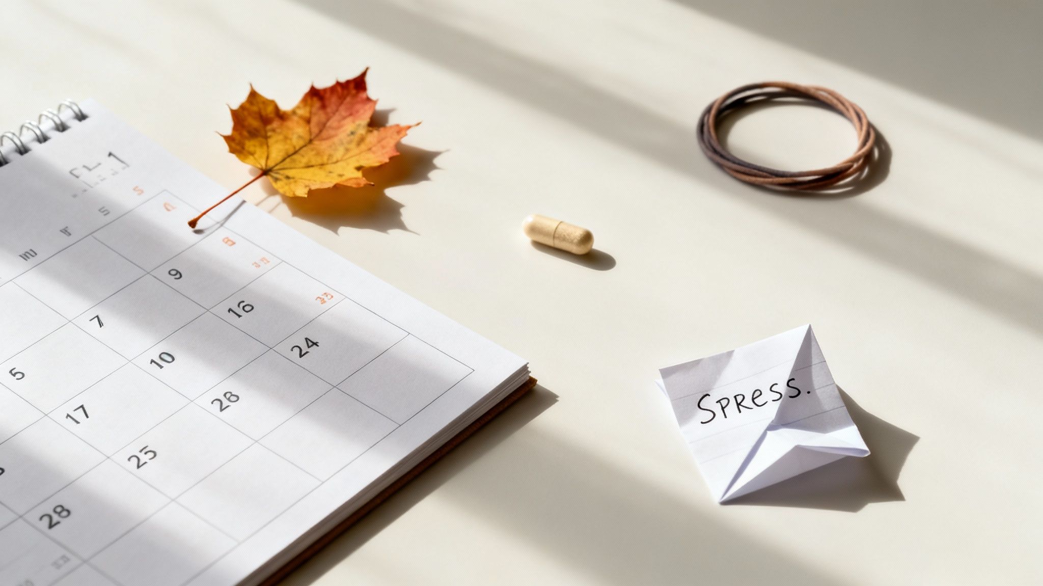 A calendar, autumn leaf, a small pill, and a folded note saying 'Spress' on a table.