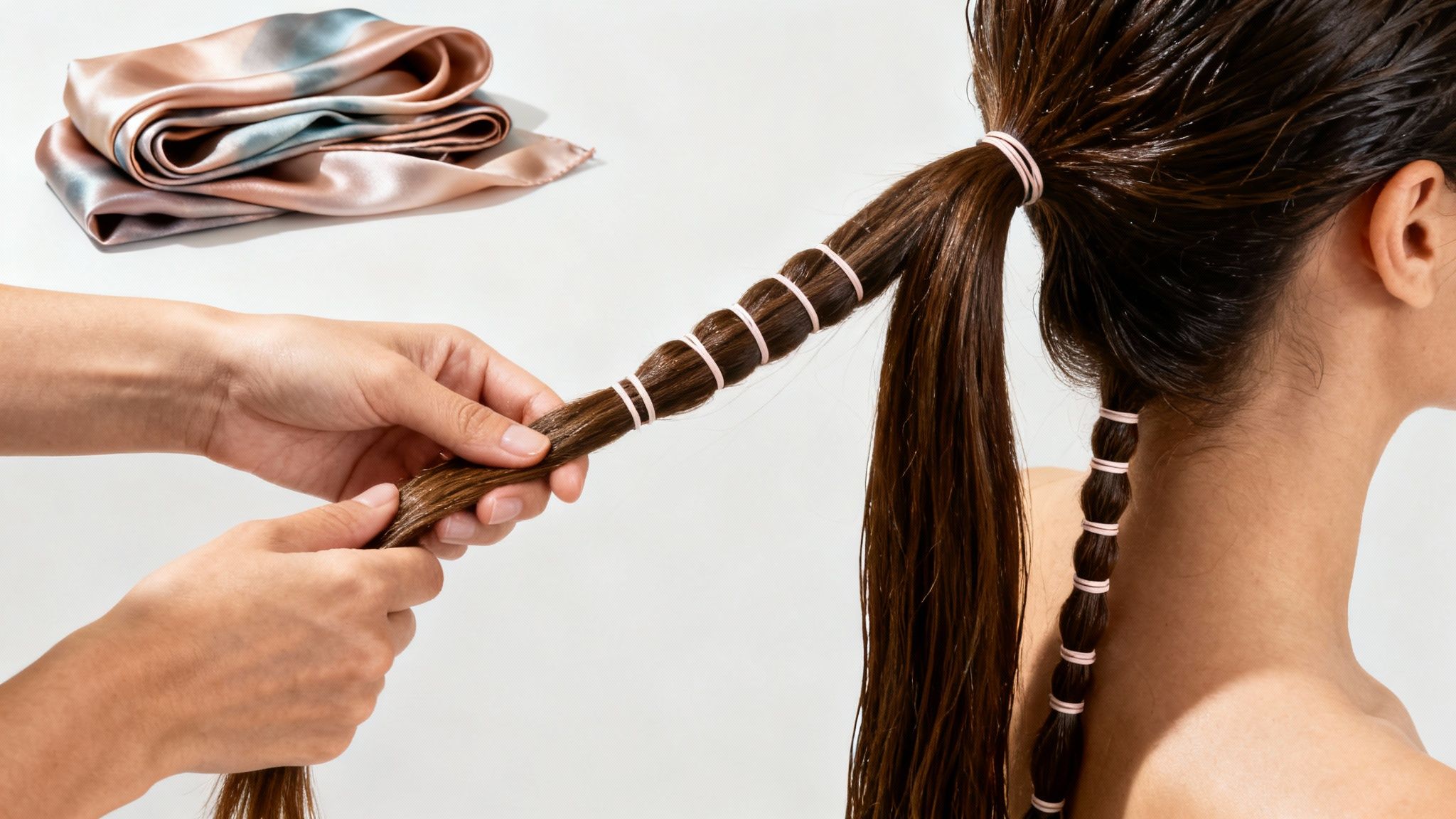 A person's hands apply elastic bands to wet hair, creating a bubble braid, with a silk scarf nearby.