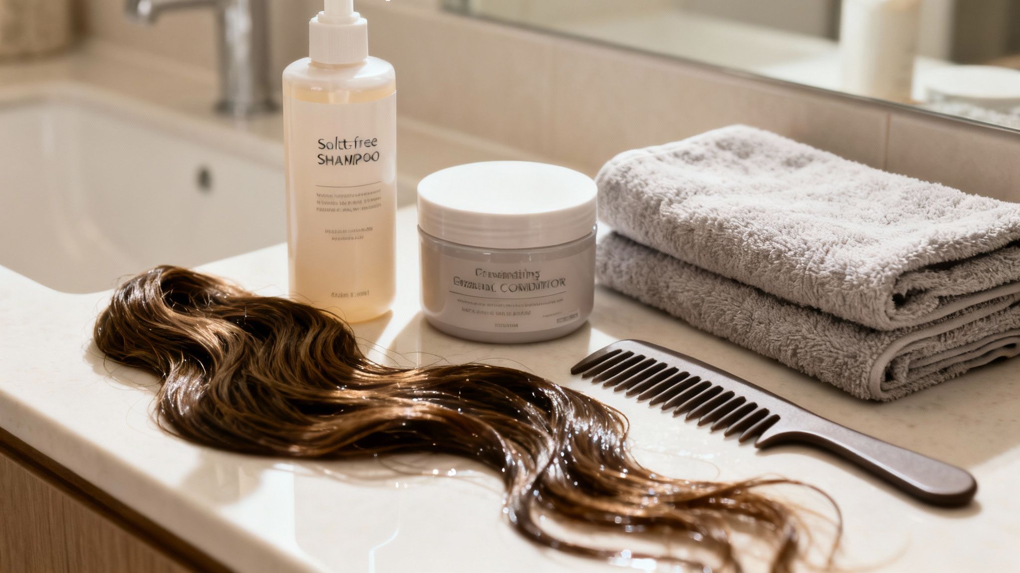 Wet wavy hair, shampoo, conditioner, comb, and towels on a bathroom counter for hair care.